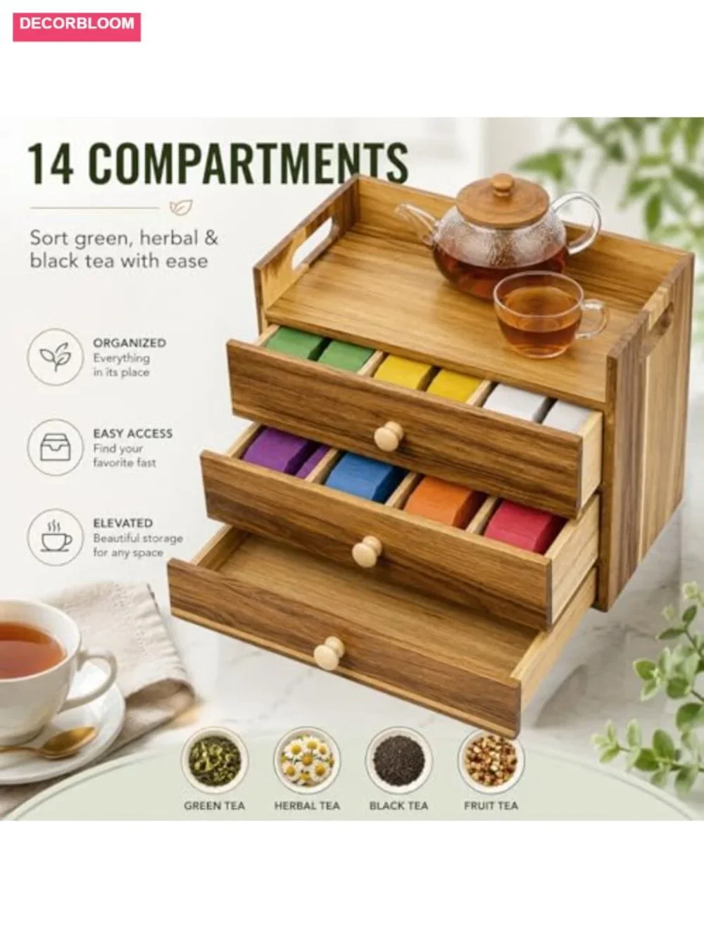 3-Tier Acacia Wood Tea Bag Organizer with 14 Compartments and Drawer